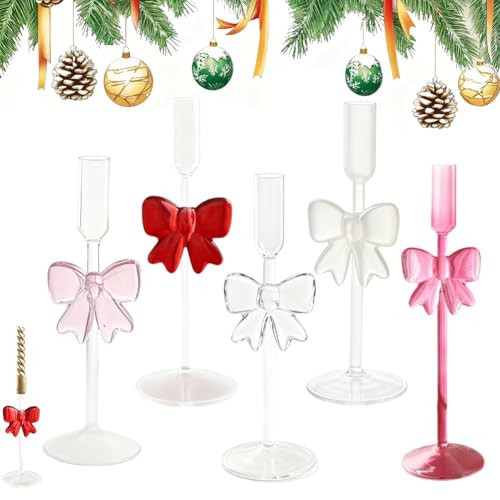 Red Bow Glass Taper Candle Holders, Glass Candlestick Holder Decor, Tea Candle Sticks, Pink Centerpieces for Christmas Events Parties Wedding Receptions Table Centerpiece Decorations(5pcs) | Amazon (US)