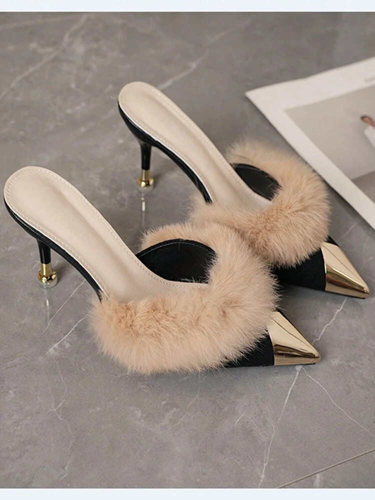 Women's Solid Color High Heel Slide Sandals With Metal Toe Fuzzy Decor, Sweet Style, Fashion Closed Toe Pointed Toe Thin Heels Black Mules Slip-On, Autumn/Winter,Sexy,Women Pumps | SHEIN