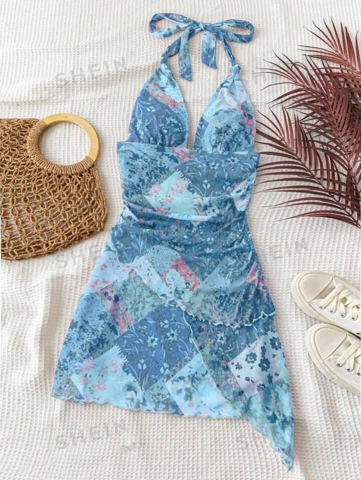 SHEIN WYWH Strappy Backless Printed Vacation Dress With Irregular Hem | SHEIN