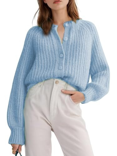Women Chunky Cardigan Sweater Button Down Casual Long Sleeve Crewneck Y2k Knitted Cardigan Coat(Blue,S) | Amazon (US)