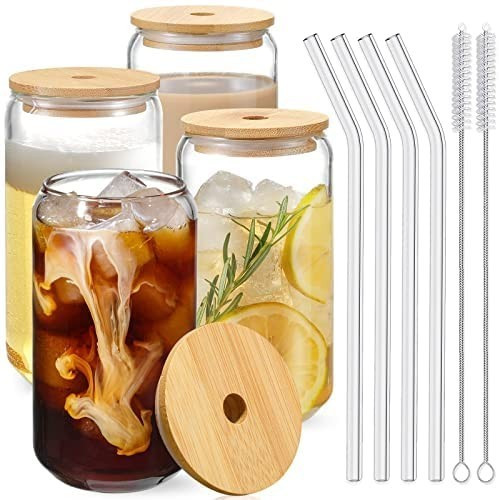 Drinking Glasses with Bamboo Lids and Glass Straw 4pcs Set - 16oz Can Shaped Glass Cups, Beer Gla... | Amazon (US)