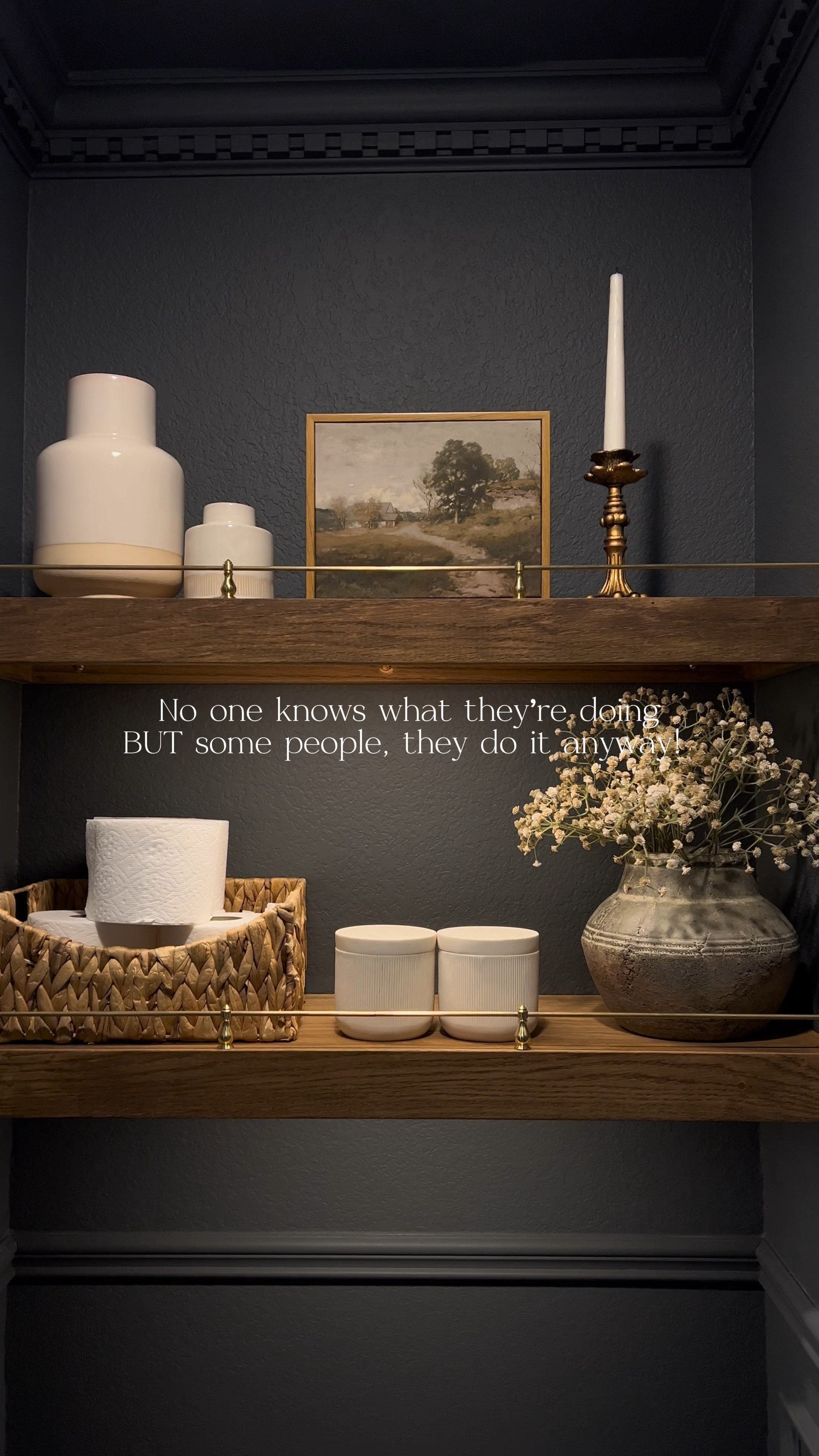 Wood shelves, gallery railing, home decor, accent walls, home transformation, kitchen pendants, water closet, primary bathroom, 

#LTKVideo 

#LTKHome #LTKStyleTip