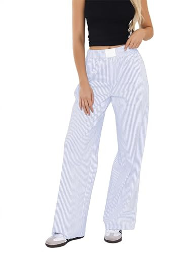 SHBECYDE Women Elastic Waist Striped Pants Y2K Wide Leg Striped Print Trousers Low Waist Striped Lounge Pants with Pockets White-Blue, Small | Amazon (US)