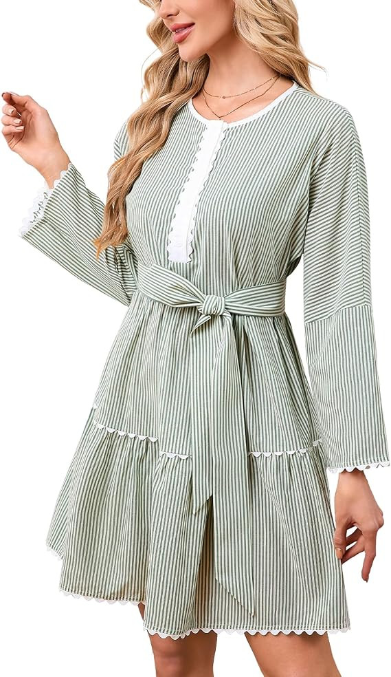 Women’s Long Sleeve Striped Shirt Mini Dress 2025 Fall Flowy Cute Tiered RIC Rac Trim A-Line Sh... | Amazon (US)
