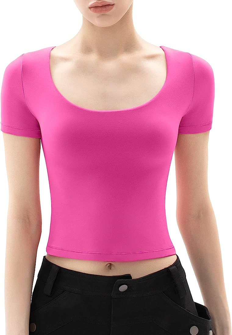 PUMIEY Women's Scoop Neck Short Sleeve T Shirt Slim Fit Sexy Tops Smoke Cloud Collection | Amazon (US)