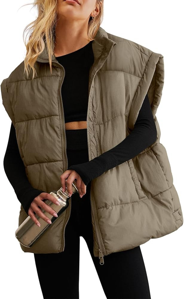 ReachMe Womens Oversized Puffer Vests Stand Collar Puffy Vest Tops Cap Sleeve Quilted Jacket Wint... | Amazon (US)