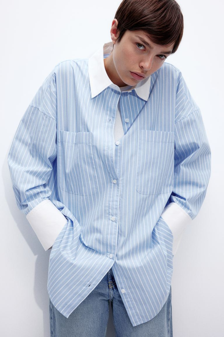 Oversized Poplin Shirt - Long sleeve - Long - Light blue/pinstriped - Ladies | H&M US | H&M (US + CA)