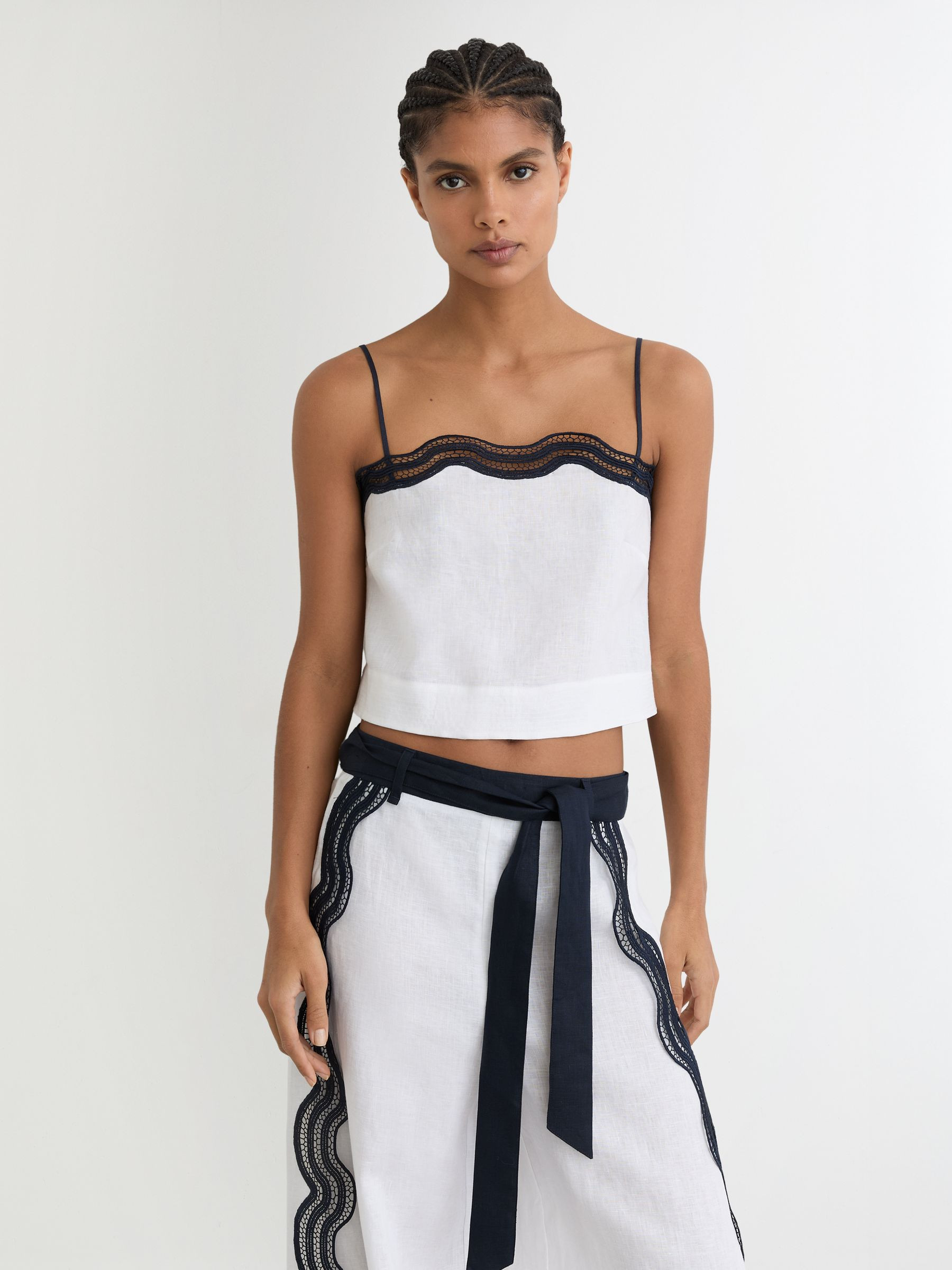 Reiss Linen Scallop-Trim Cami Top in Ivory/Navy | REISS | Reiss US
