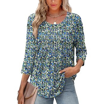 XIEERDUO 3/4 Length Sleeve Tops for Women 2026 Crewneck Casual Pleated Tunic Tops Shirts Blouses ... | Amazon (US)