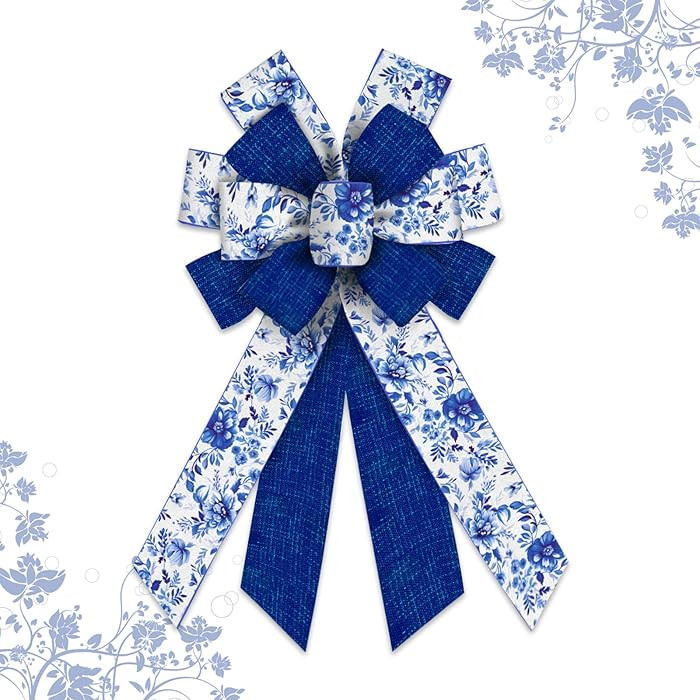 Large Spring Chinoiserie Blue Bow for Wreath, Spring Flowers Wreaths Bows& Tree Accents –Blue B... | Amazon (US)