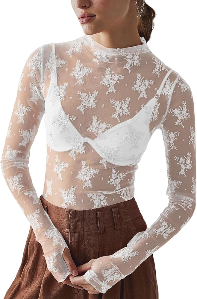 Yimoon Women's Mesh Tops Long Sleeve Sheer Floral Lace Layering Tops Sexy Mock Neck See Through B... | Amazon (US)