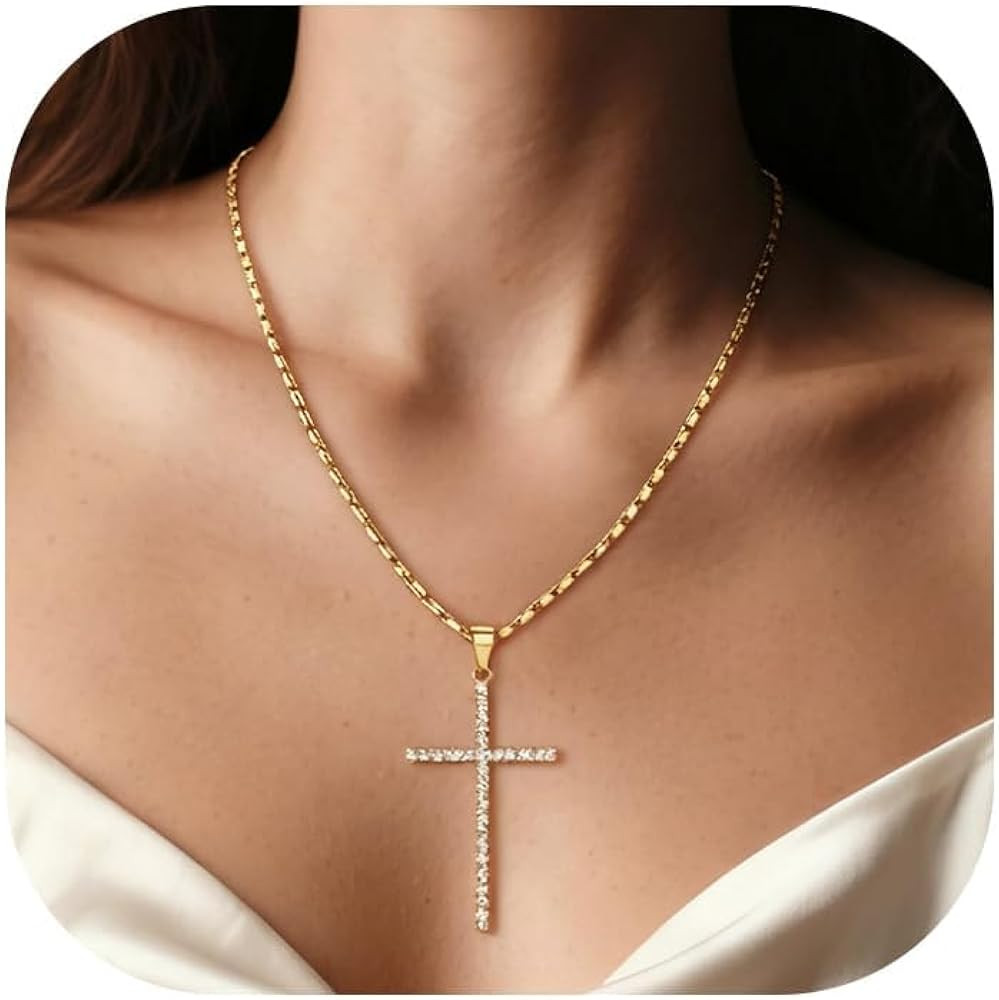 U7 Cross Necklace for Women,Silver/14K Gold Large or Small Cross Necklaces with CZ Diamond,Faith ... | Amazon (US)