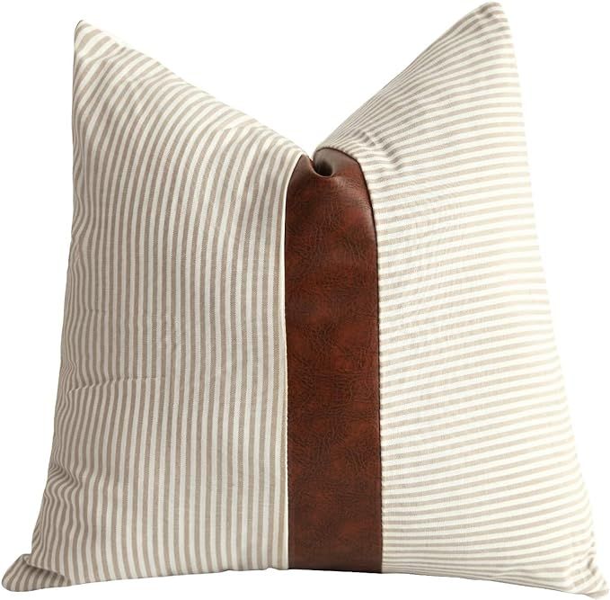 Merrycolor Farmhouse Decorative Throw Pillow Covers for Couch Sofa Stripe Faux Leather Accent Bro... | Amazon (US)