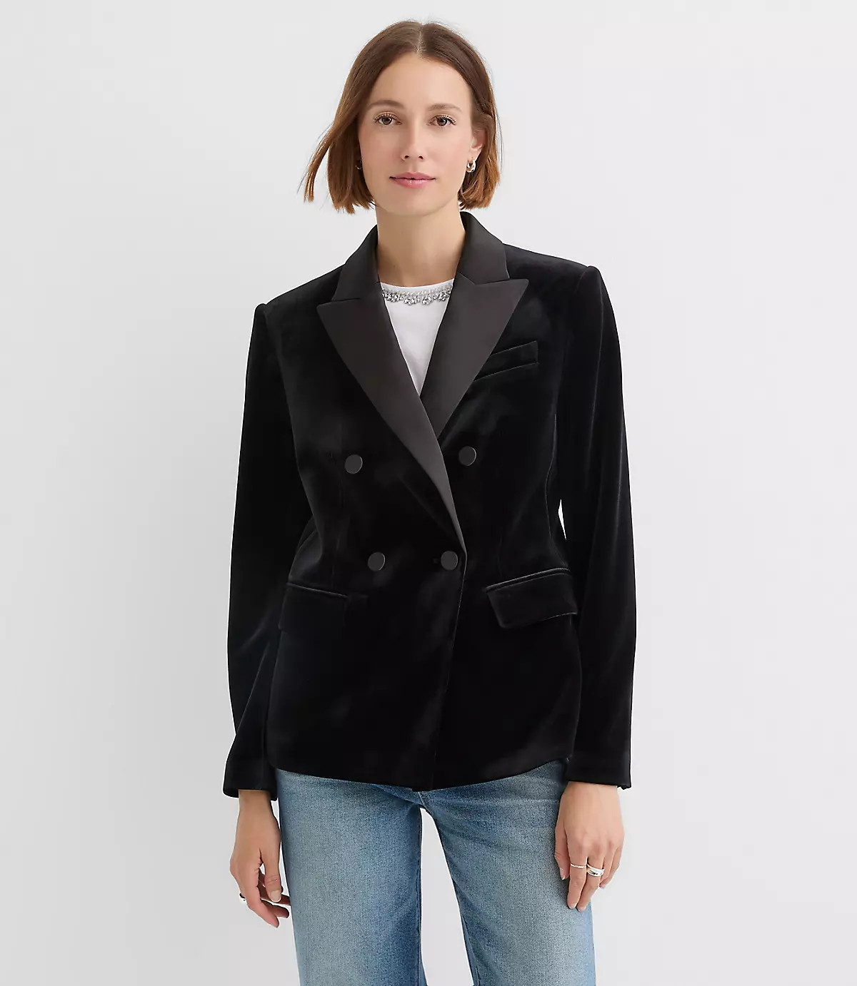Petite Satin Trim Velvet Tuxedo Blazer | LOFT