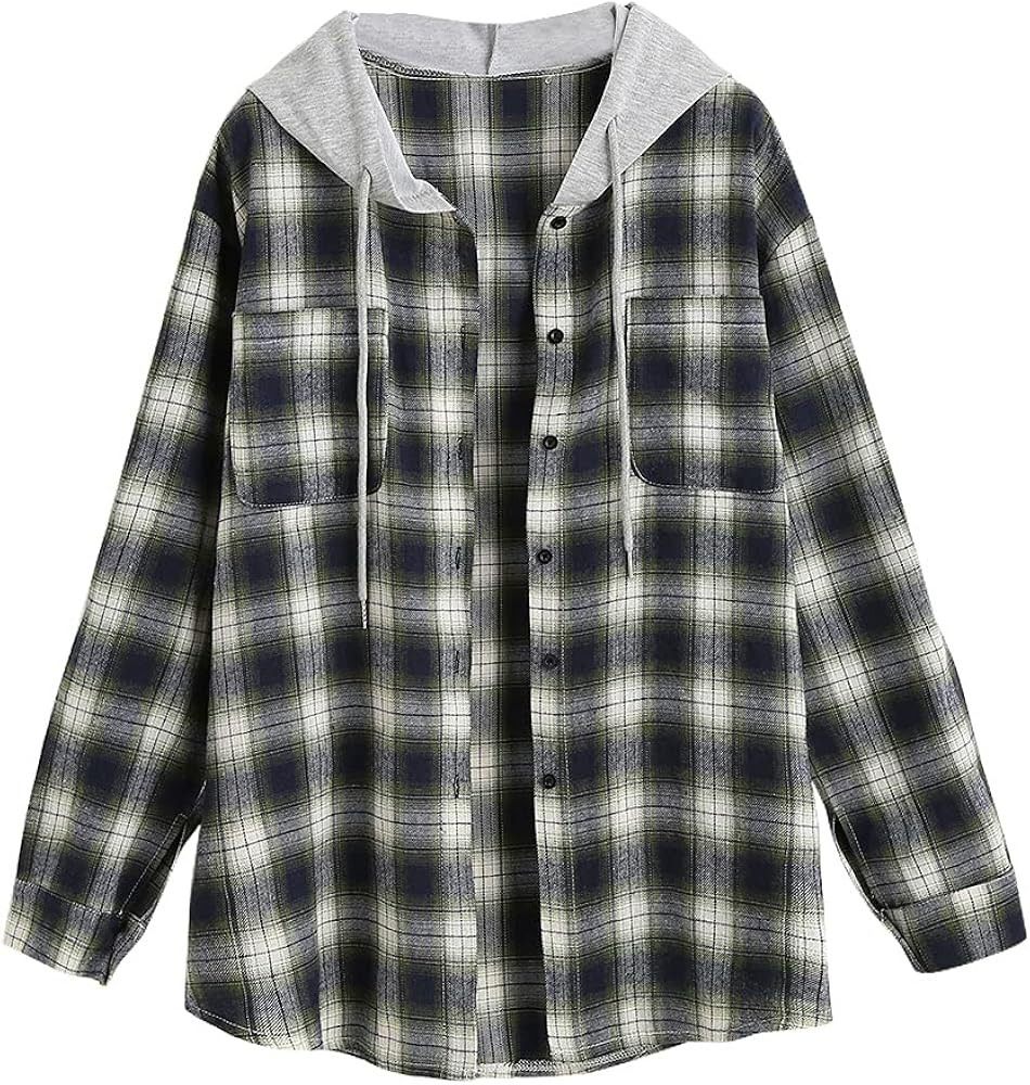 ZAFUL Women's Plaid Long Sleeve Shirt Button Down Wool Blend Thin Jacket Casual Blouse Tops with ... | Amazon (US)