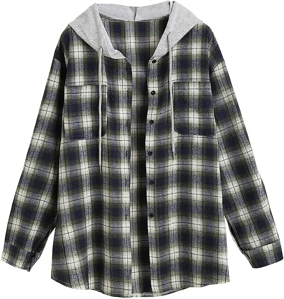 ZAFUL Women's Plaid Long Sleeve Shirt Button Down Wool Blend Thin Jacket Casual Blouse Tops with ... | Amazon (US)