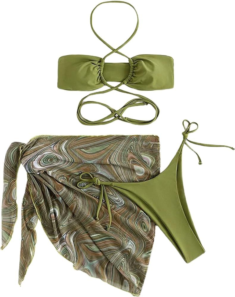 Hilinker Women's Criss Cross Halter Bikini Set Tie Side 3 Piece Swimsuit with Coverup Beach Skirt | Amazon (US)