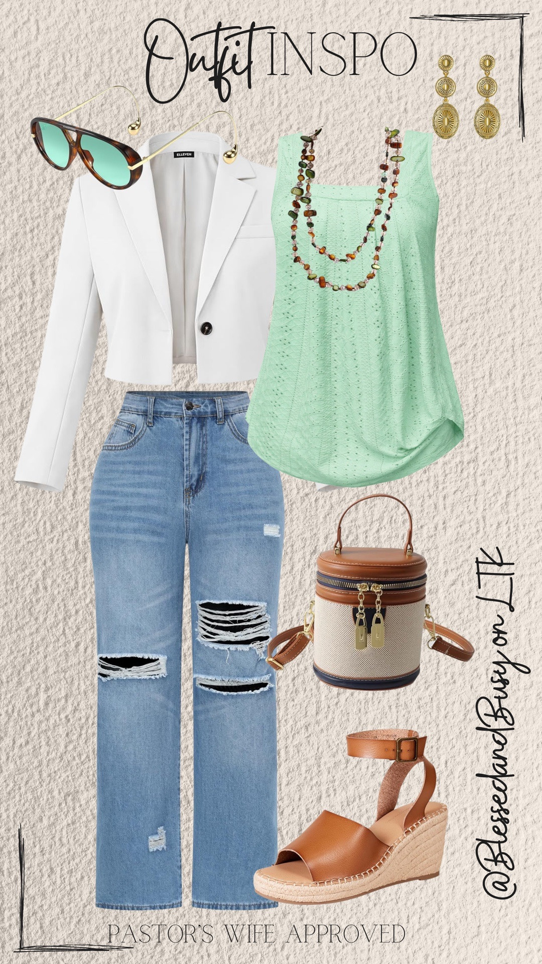 Spring vibes in full bloom 🌿 This spring outfit includes a crisp white cropped blazer, a mint green top, and boho-chic accessories in earthy brown, green, and gold tones. Paired with comfy brown sandals and a retro purse to tie it all together, this look is giving effortless spring chic! ✨ 


#LTKPlusSize #LTKOver40 #LTKootd