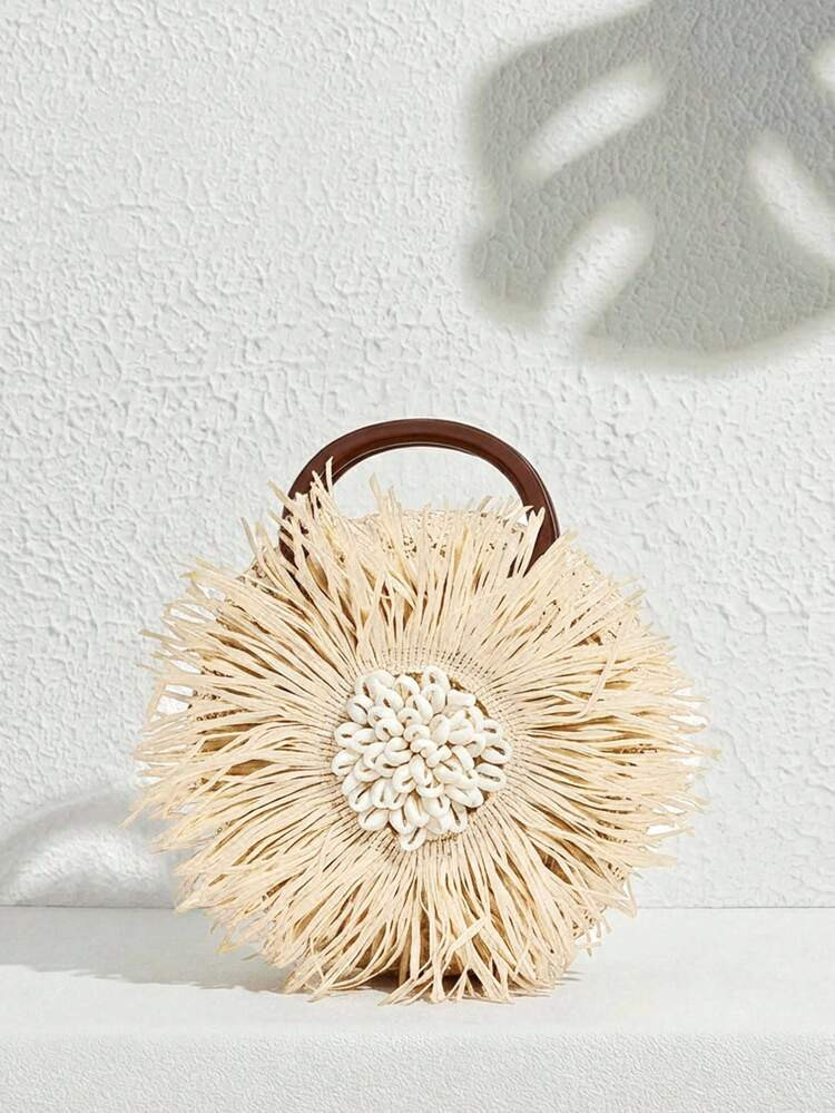 SHECARRY Ladies, Women Top Handle Bags, Straw Bag, Straw Woven Bag, Flower Shape, Wooden Handle, ... | SHEIN