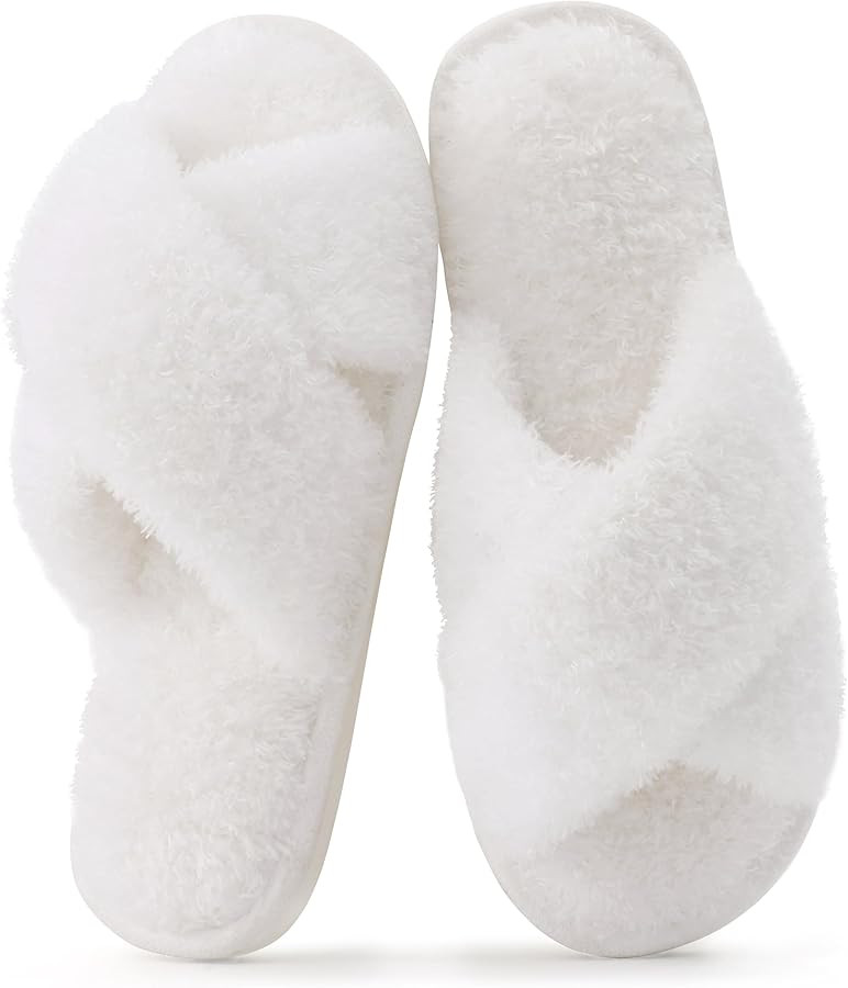 Evshine Women's Fuzzy Slippers Cross Band Memory Foam House Slippers Open Toe | Amazon (US)