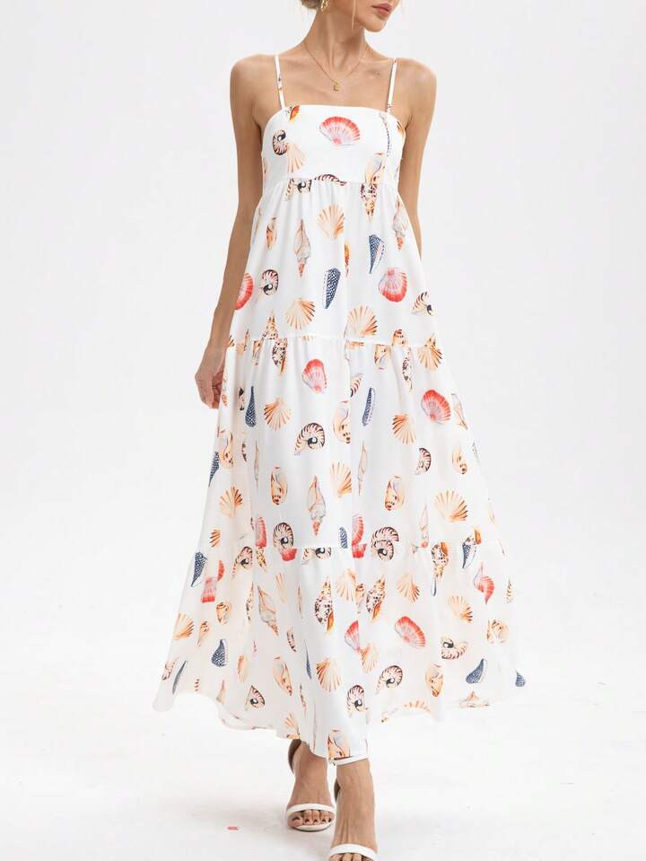 New Arrival Spring/Summer Sleeveless Layered Shell & Seashell Print Pocket Loose Dress | SHEIN