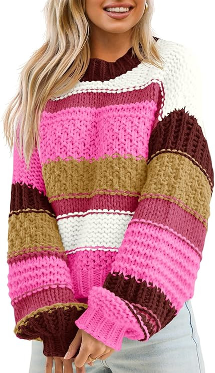 Saodimallsu Womens Color Block Sweater Striped Chunky Knit Cropped Sweaters Crewneck Fall Long Sl... | Amazon (US)