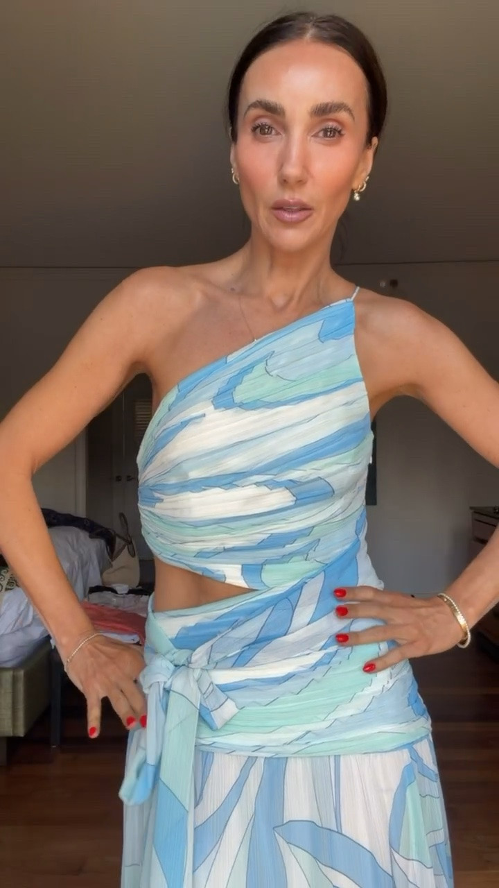 Blue resort dress, tropical vacation outfit, beach wedding guest, Mediterranean summer style, elegant vacation look, maxi dress, resort wear, summer outfit, vacation style, island getaway

#LTKootd
