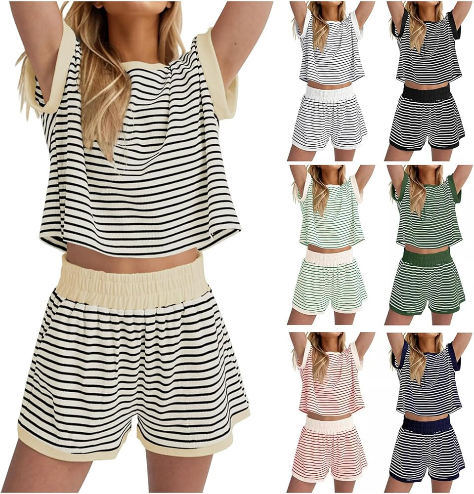 Short Sets for Women Casual Striped Short Sleeve Top Elastic Waisted Shorts Outfits Trendy Color ... | Amazon (US)