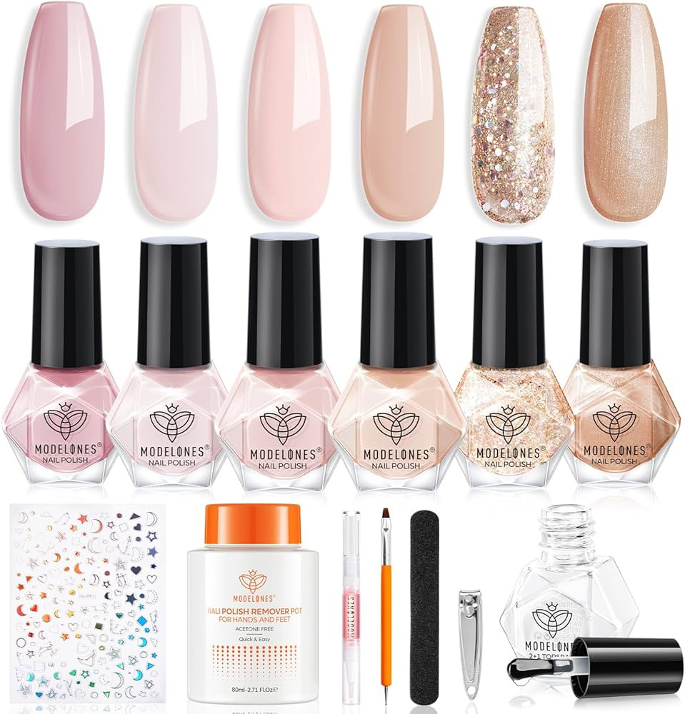 modelones Complete Nail Polish Set Brown Nude Pink Gold Glitter Shimmer Quick Dry Nail Lacquer Ki... | Amazon (US)