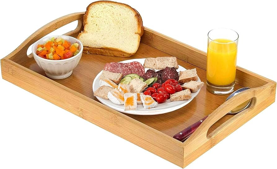 Serving tray bamboo - wooden tray with handles - Great for dinner trays, tea tray, bar tray, brea... | Amazon (US)