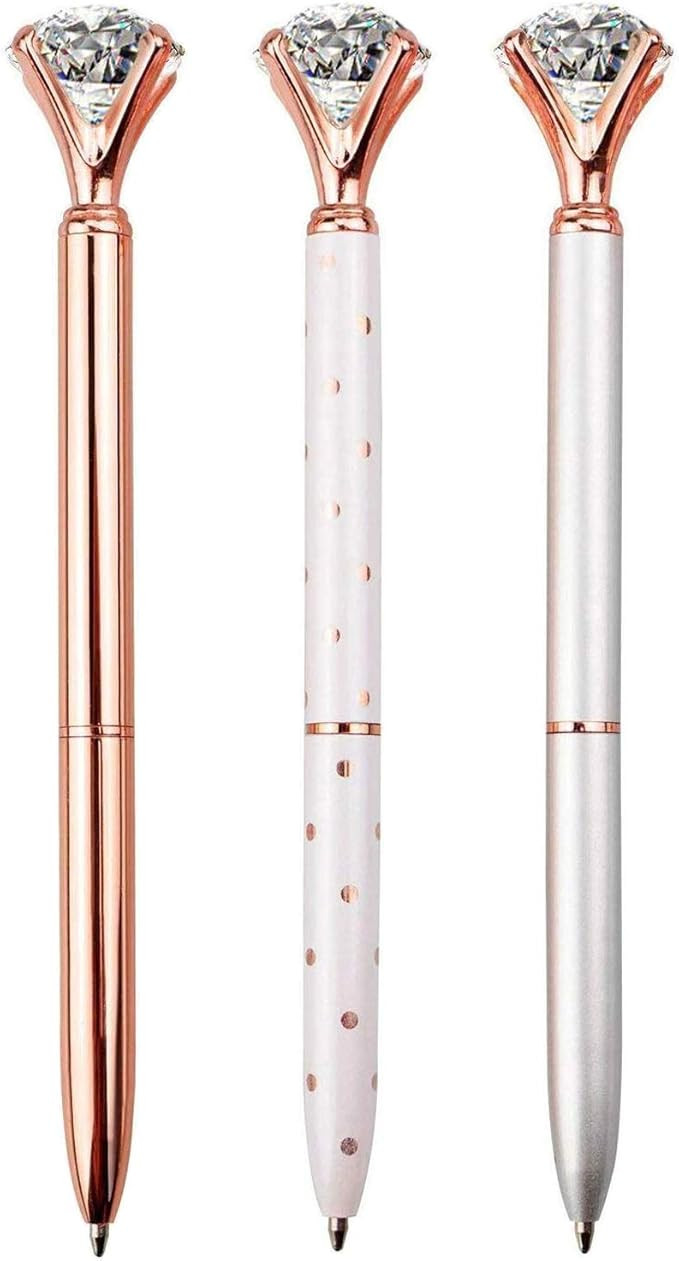 3 PCS Ballpoint Pens Large Crystal Diamond Pen Bling Metal Office and School, Silver/White Rose P... | Amazon (US)