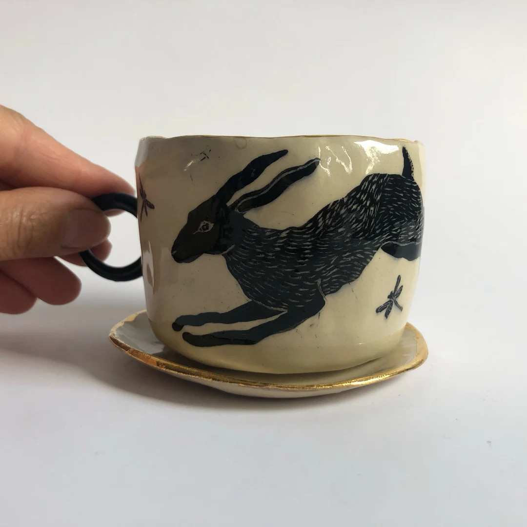 Hand-painted Hare Mug: Black & Gold Ceramic Coffee Cup - Etsy | Etsy (US)