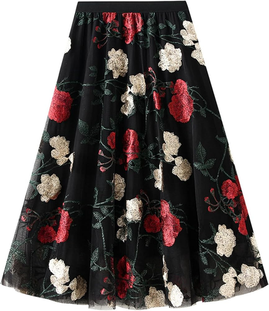 Dirholl Women's A-Line Fairy Patterned Elastic Waist Ruffle Tulle Layered Midi Skirt | Amazon (US)