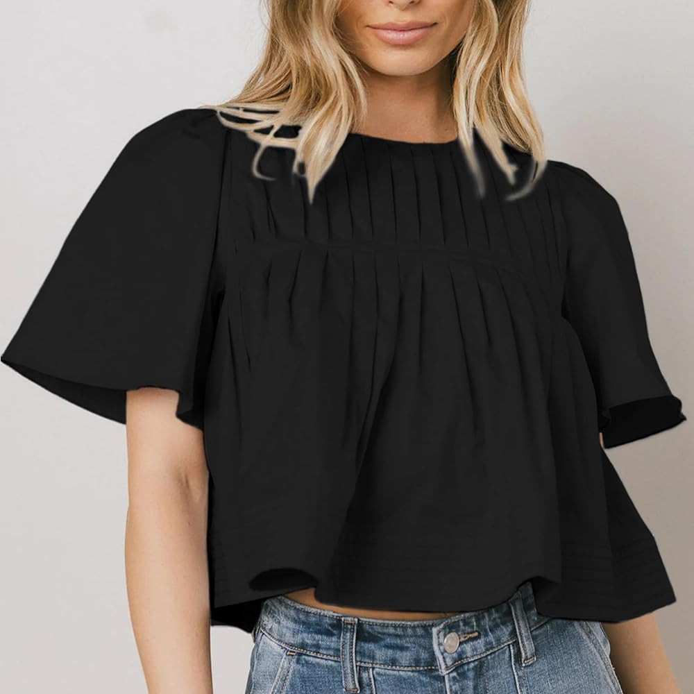 Women's Short Ruffled Sleeve Pleated Tee Shirts Summer Cotton Babydoll Tops with Back Zipper | Amazon (US)