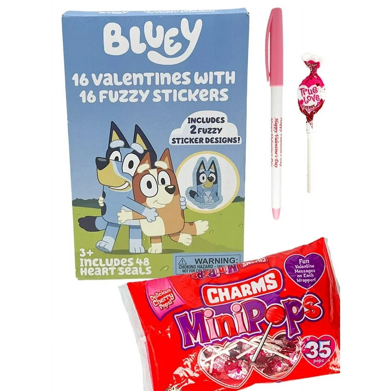 Bluey 16 Valentine Cards with Charms Lollipops MiniPops Candy, Fuzzy Stickers, 48 Heart Sticker S... | Walmart (US)