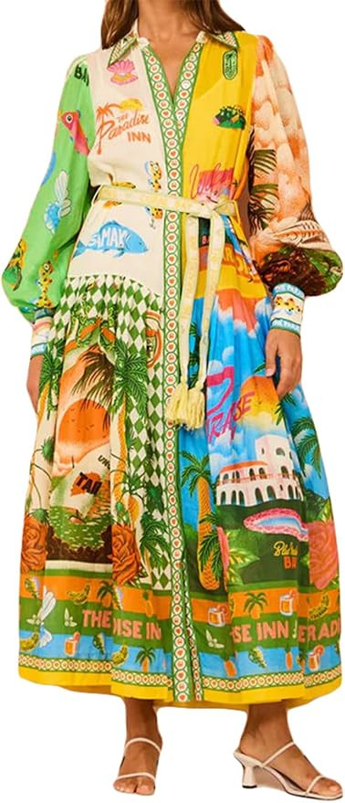 Women's Long Puff Sleeve Lapel Button Printed A-Line Sexy Nightclub Vacation Beach Belted Dress | Amazon (US)