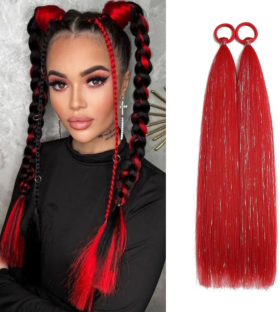 Red Ponytail Extensions, Synthetic Hair Extension for Women Tinsel Extensions Braids for Festival... | Amazon (US)