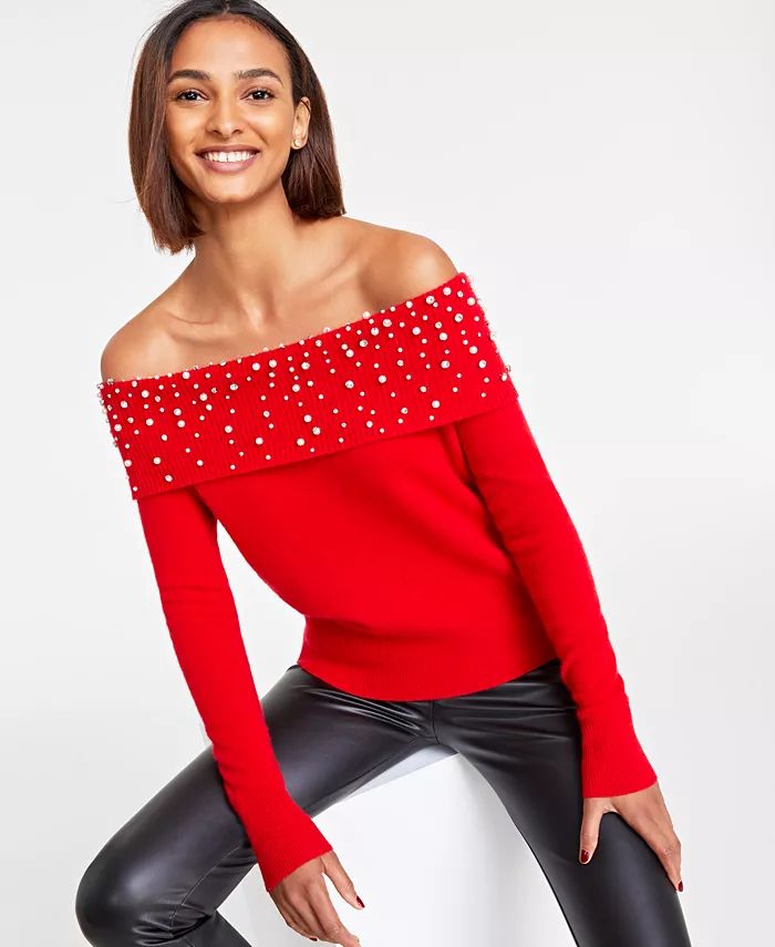 Charter Club Women's 100% Cashmere Embellished Off-The-Shoulder Sweater, Created for Macy's - Mac... | Macy's