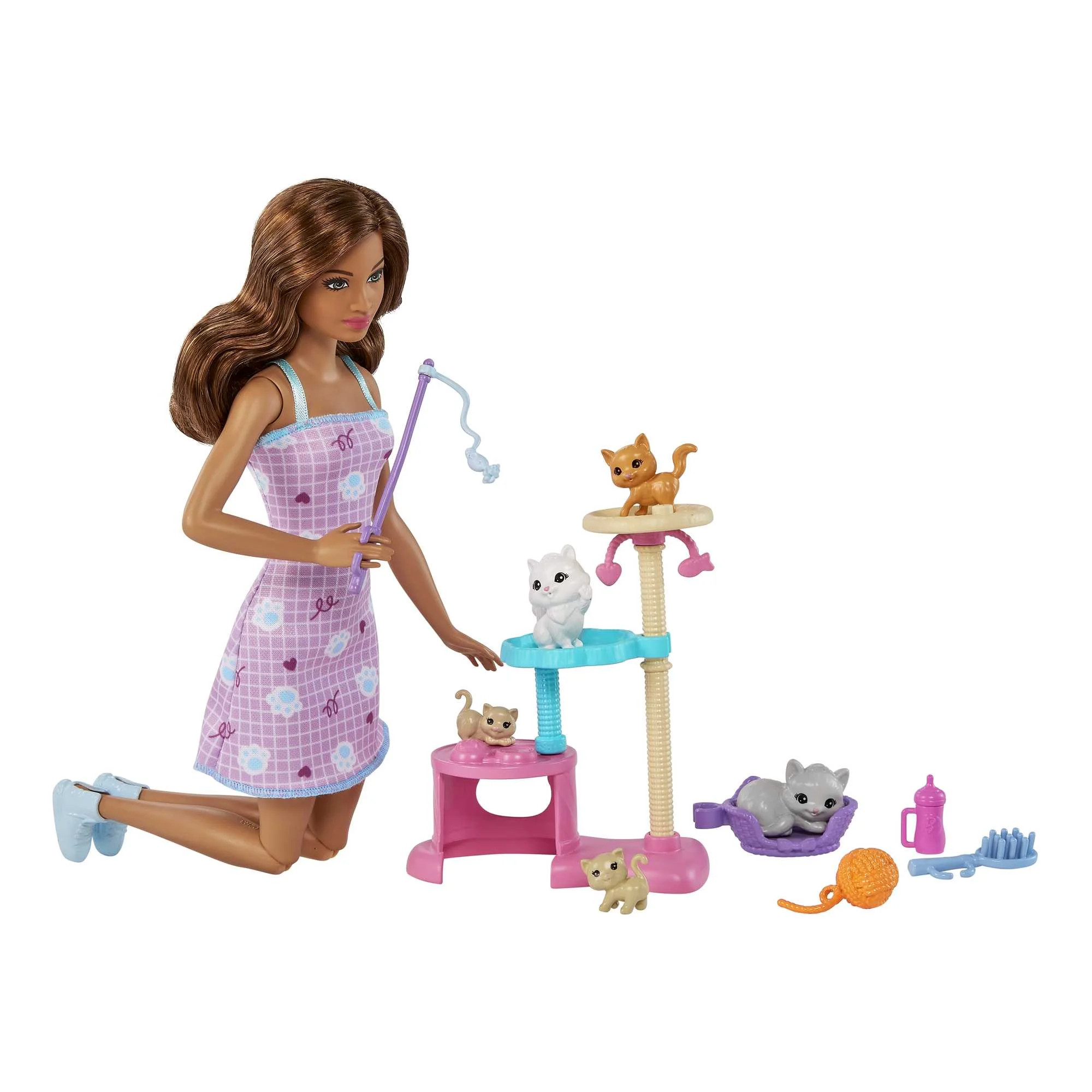 Barbie Kitty Condo Playset with Brunette Fashion Doll, 4 Kittens, Cat Tree & Accessories | Walmart (US)