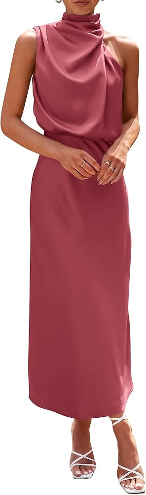 PRETTYGARDEN Women's 2025 Summer Satin Dress Elegant Sleeveless Mock Neck Cocktail Party Maxi Dre... | Amazon (US)