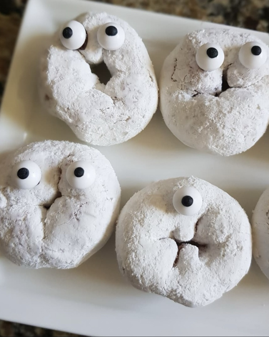 Fun(ny) Halloween treats. These crack me up! They were a hit with my kiddos and so easy to make. Here's all you need to do:

Grab a bag of mini powdered sugar doughnuts, some candy eyeballs, and some chocolate chips.

Melt about a Tbsp of chocolate to use as glue for eyes and place them on the doughnuts. That's it.

Still laughing... #HalloweenTreats 

#LTKKids #LTKSeasonal #LTKFamily