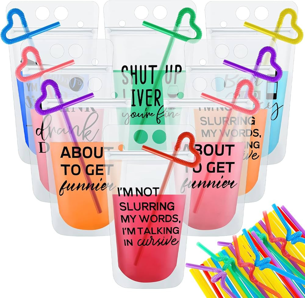 Drink Pouches with Straws Plastic Drink Bags with Zipper Party Beverage Bags Juice Pouches for Ad... | Amazon (US)