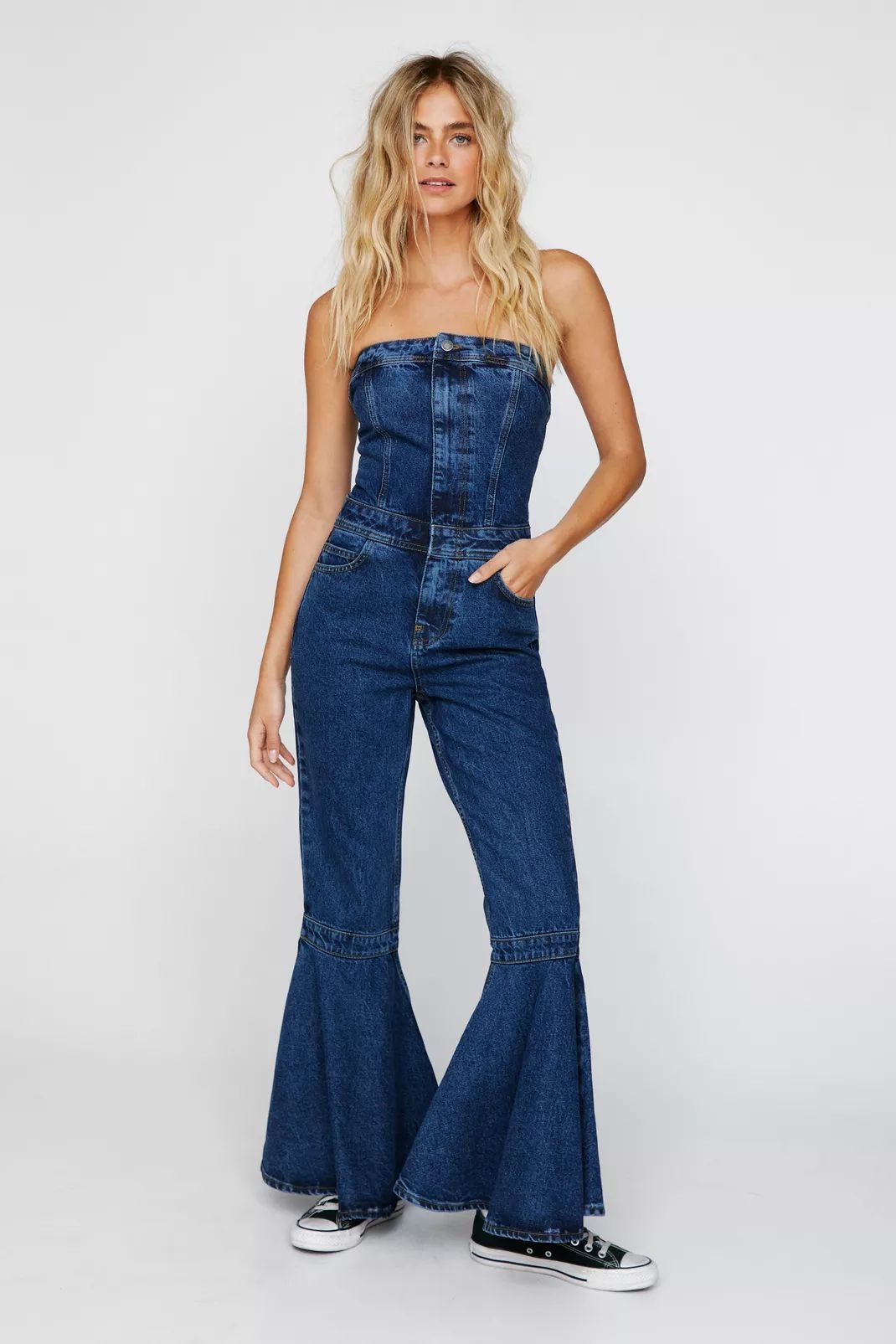 Bandeau Denim Extreme Flare Jumpsuit | Nasty Gal (US)