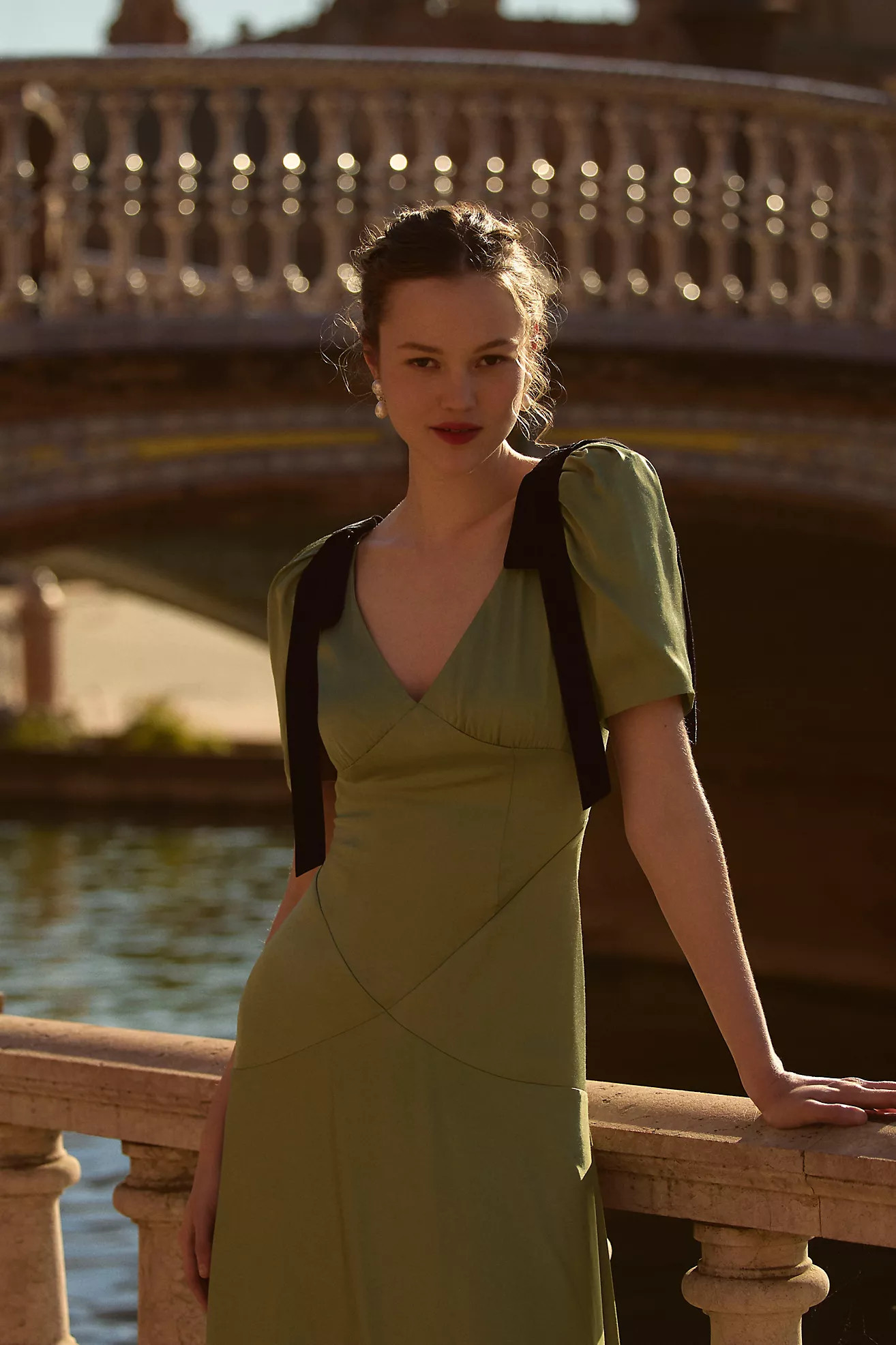 Mare Mare Bree Puff-Sleeve V-Neck Satin Slip Midi Dress | Anthropologie (US)