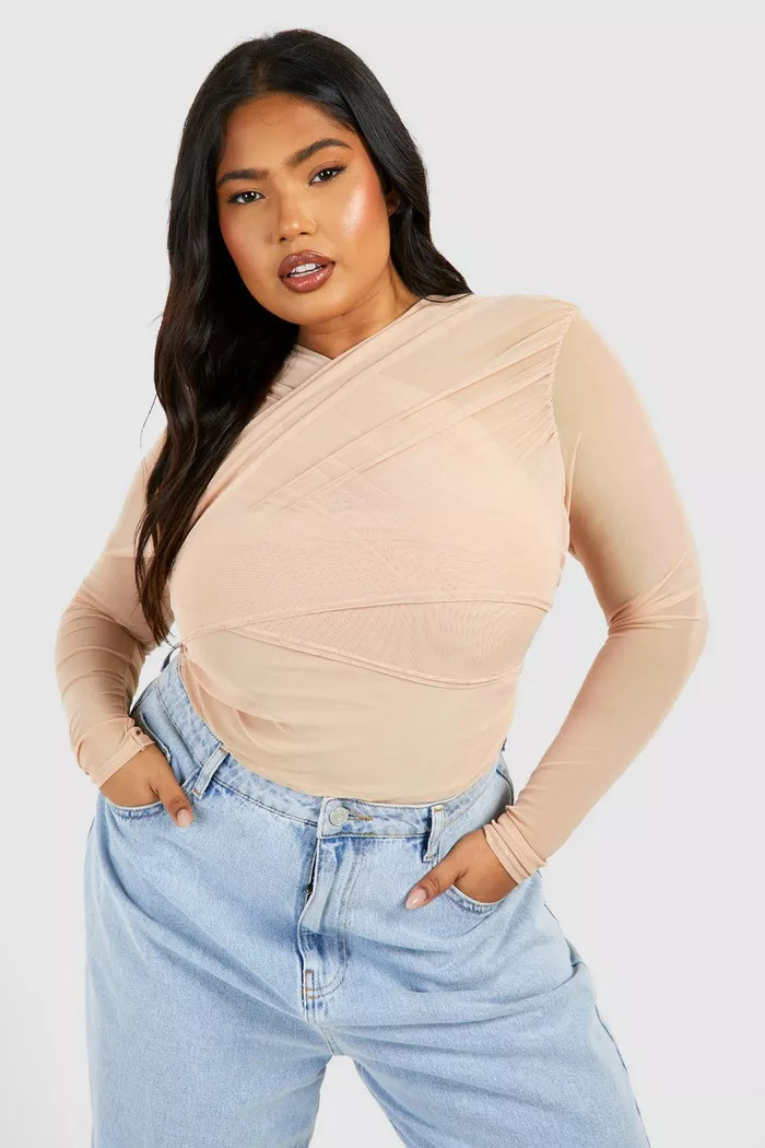 Plus Mesh Cross Neck Bodysuit | boohoo (US & Canada)