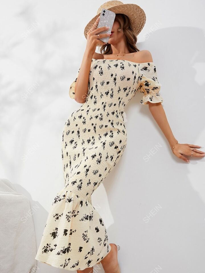 SHEIN Mulvari Floral Print Shirred Puff Sleeve Mermaid Dress | SHEIN