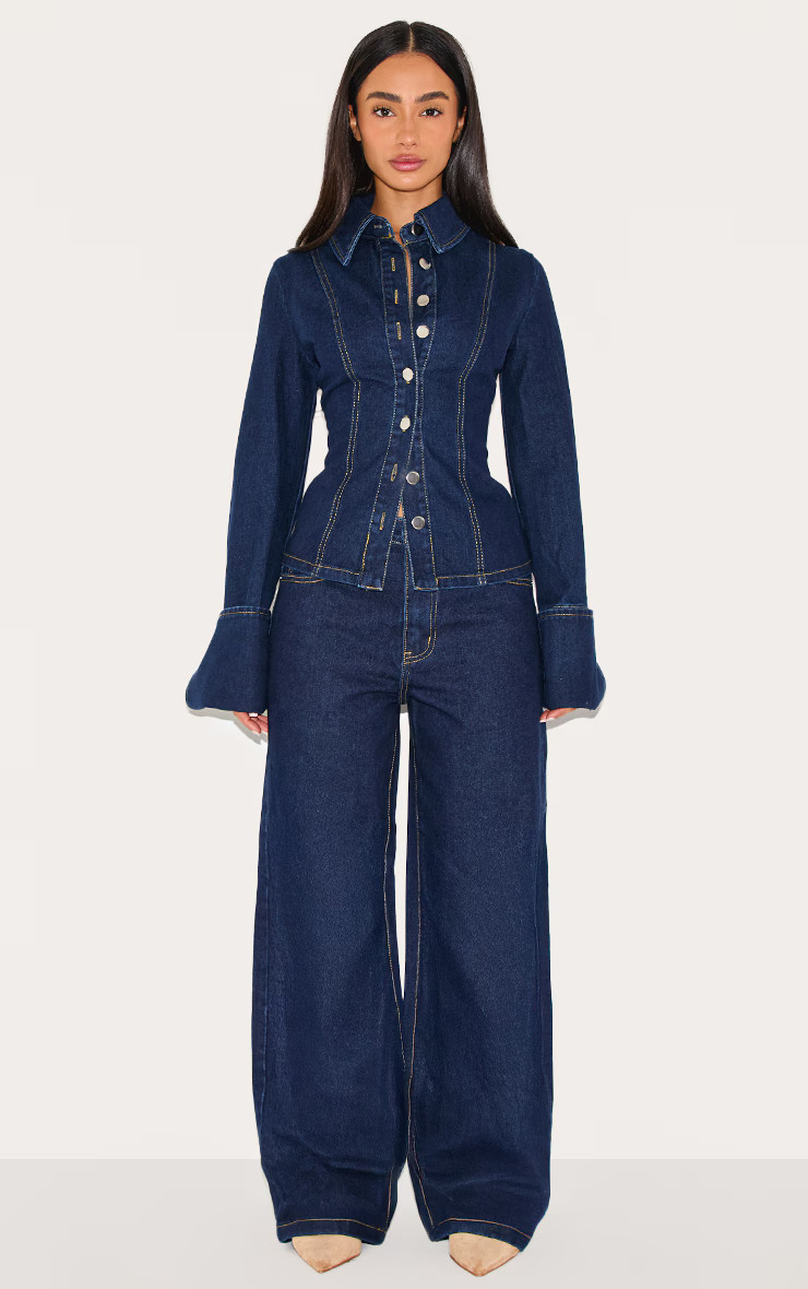 Petite Indigo Blue Wash Long Sleeve Fitted Denim Shirt | PrettyLittleThing US