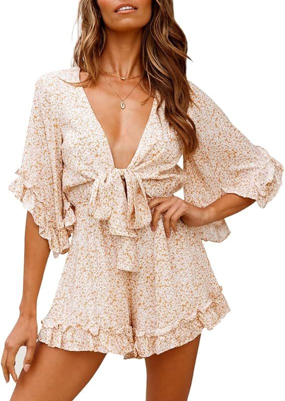 Imily Bela Womens Deep V Neck Rompers 2023 Summer Floral Baggy Ruffle Sleeve Short Jumpsuits Sexy... | Amazon (US)