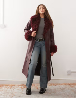 Reclaimed Vintage longline leather look trench coat with faux fur collar and cuffs in burgundy | ... | ASOS (Global)