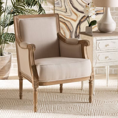 Chavanon Wood & Linen Traditional French Accent Chair Light Beige - Baxton Studio: No Assembly, Mindi Frame, Foam Cushion | Target